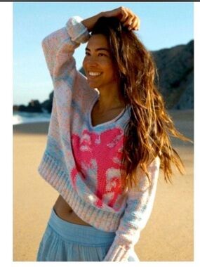 Anthropologie Multicolor Knit Scoop-Neck Sweater with Hot Pink Palm
